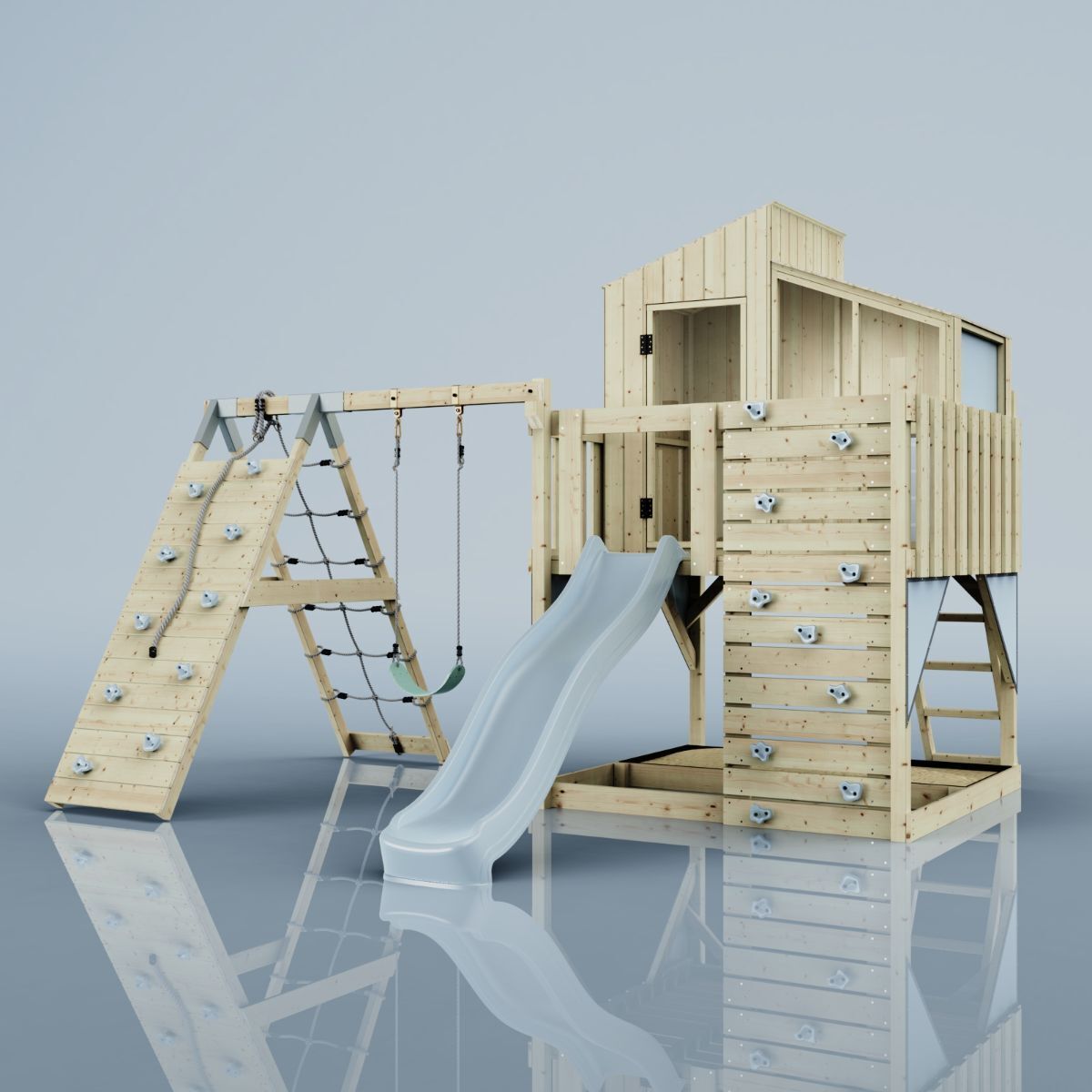 OutdoorToys Outdoor Spielturm mit Wellenrutsche, Spielhaus aus Holz mit Kinderschaukel, Kletterwand, Kletternetz, Ausführung: Kinderschaukel, Farbe: Eisblau, mit Kinderschaukel O4.5.00314.6