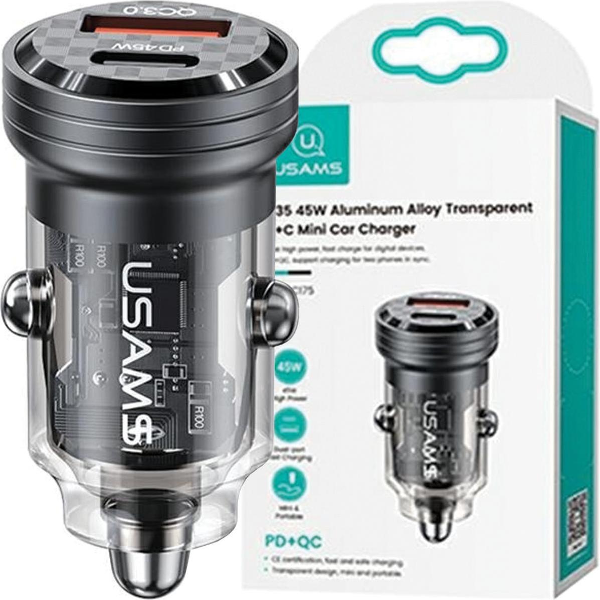 Nabíjačka do auta Usams Mini US-CC175 Duálny port USB a Type-C, rýchle nabíjanie, 45 W, transparentná / čierna