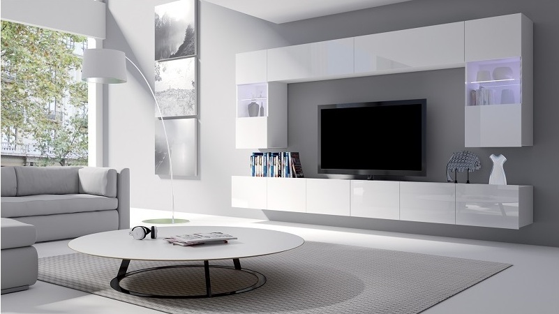 FURMEB Patryk Hojka Furmeb24 - Wohnwand CALABRINI mit LED-Beleuchtung - Wohnzimmerset, 2 Hngeelemente, 2 RTV-Schrnke, TV-Schrank, moderne Wohnwand, Wei.