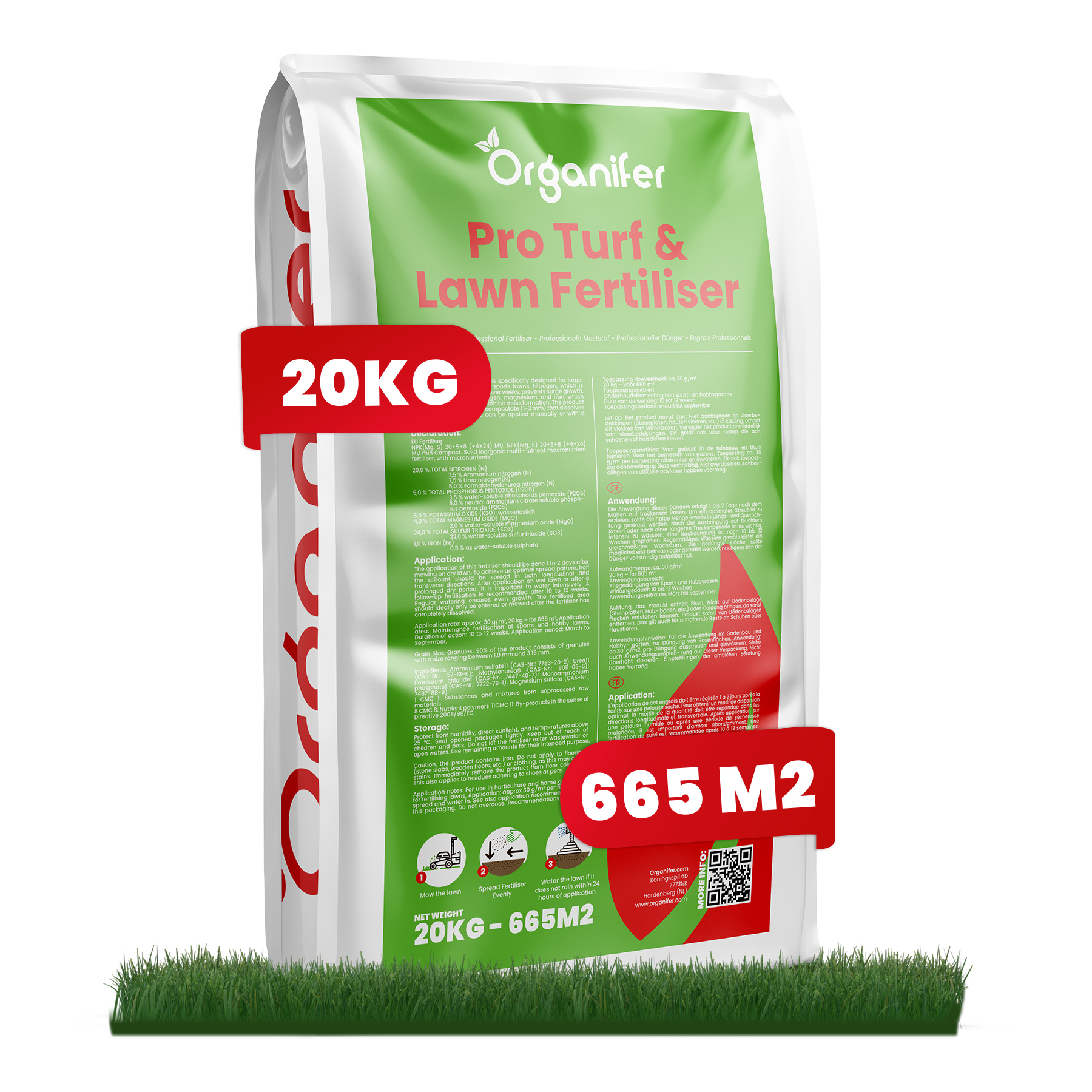 Pro Turf & Rasen Dünger – Phasenweise Freisetzung (20 kg – für 665 m2) - Organifer
