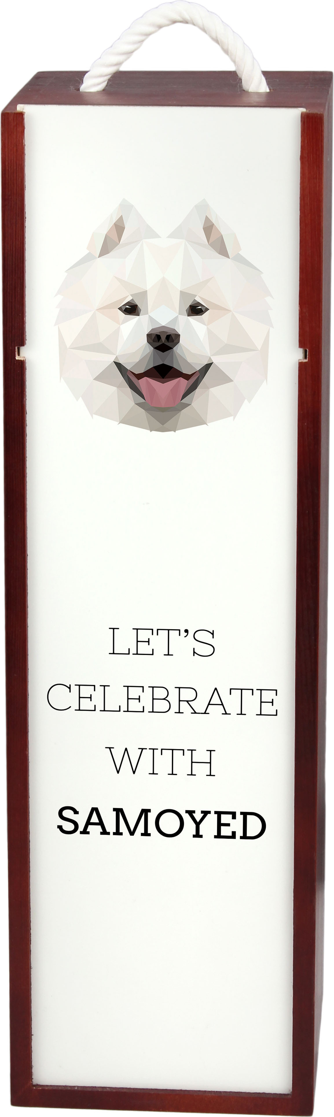 Samojede, Samoyed, Samojedenhund, Samojedenspitz - geometrische Box mit einem Bild und Schriftzug für Wein der Marke Art-Dog