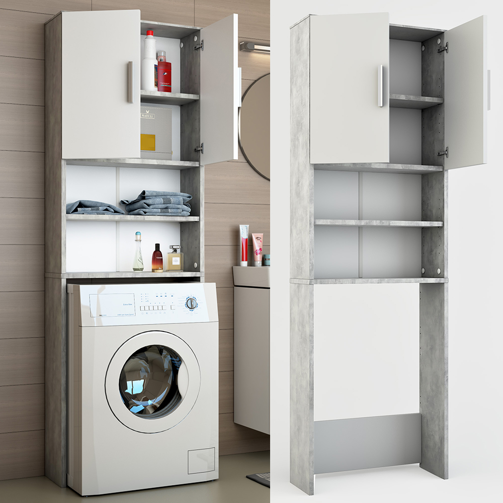 CZ-ING Badregal Hochschrank Grau Waschmaschinenschrank 2 Türen Fach Schrank für Waschmaschinen Umbauschrank 
