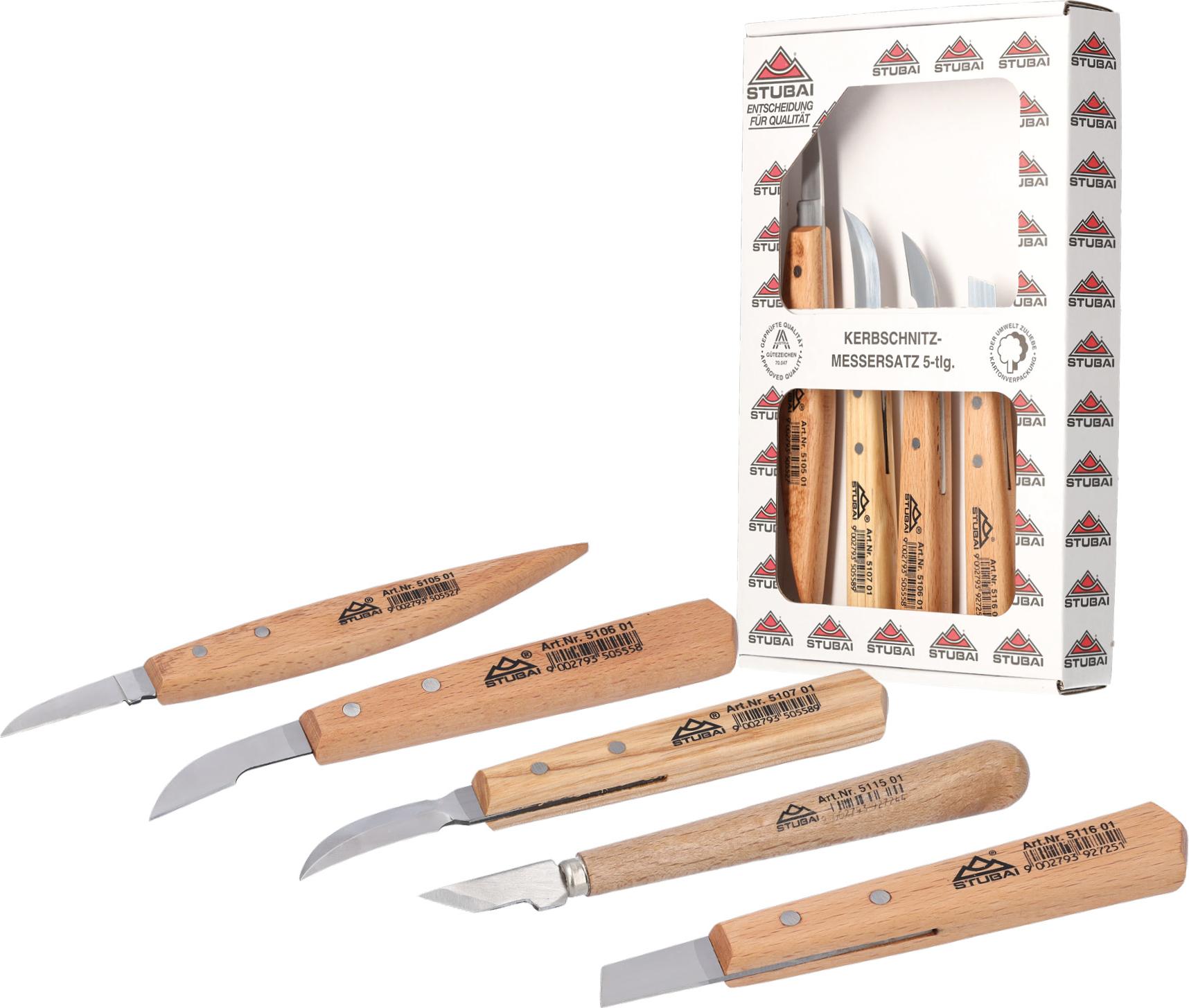 STUBAI Kerbschnitzmessersatz 5-teilig im Karton | Schnitzmesser mit Holzheft, Holzschnitzwerkzeug für feine Schnitzarbeiten, Holzbearbeitung, Schnitzwerkzeug Stubai-512005
