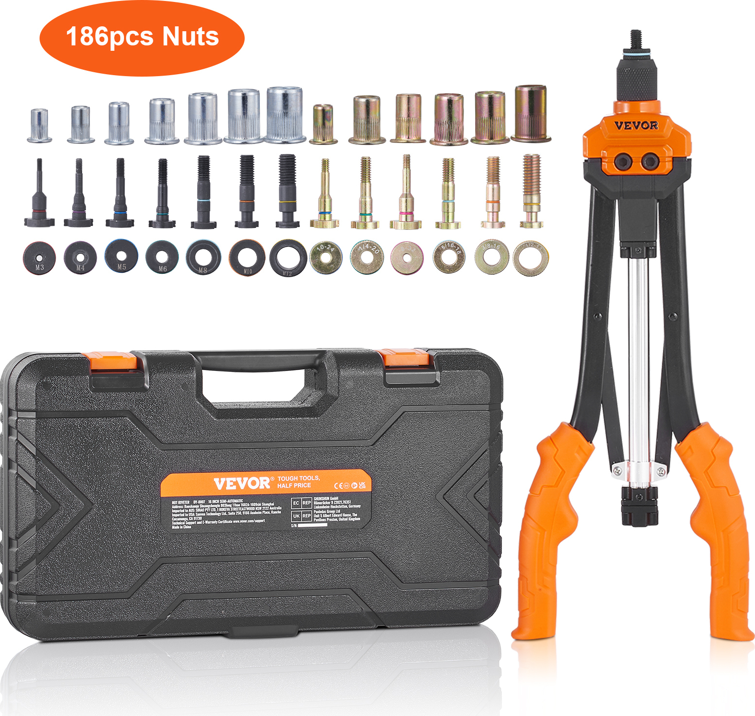 VEVOR sada klieští na nitovacie matice kliešte na slepé nity 410 mm, kliešte na nity 13 sád matíc a tŕňov, nástroj na nitovacie matice M3 M4 M5 M6 M8 M10 M12 profesionálne ručné kliešte na nity, nitovacie strojové závitové matice nity