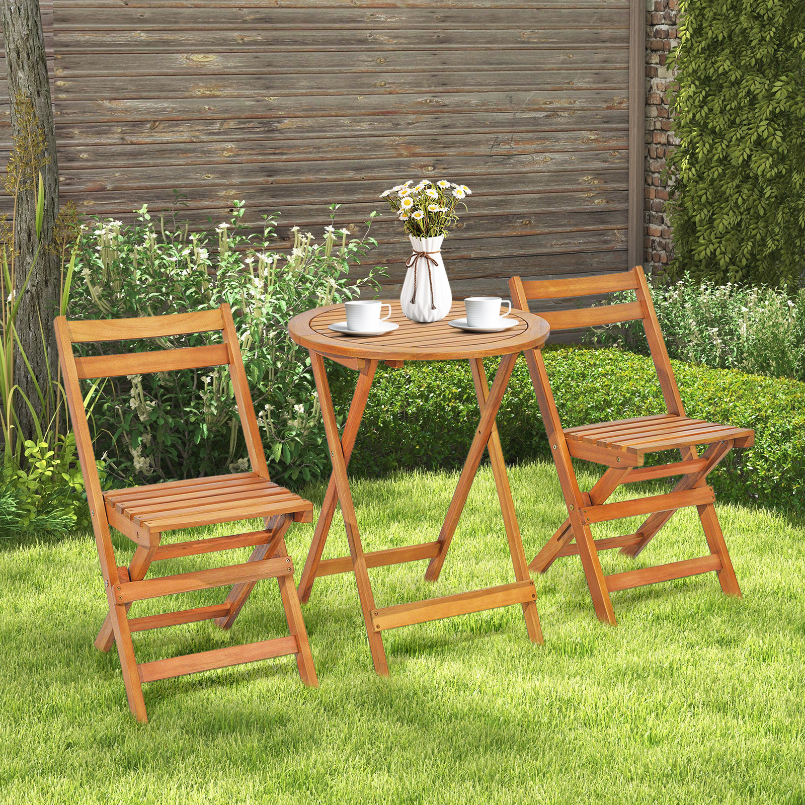 Záhradný nábytok 3-dielny skladací, okrúhly stôl a 2 stoličky s operadlom, bistro set z agátového dreva s lamelovým rámom, nosnosť 160 kg na stoličku