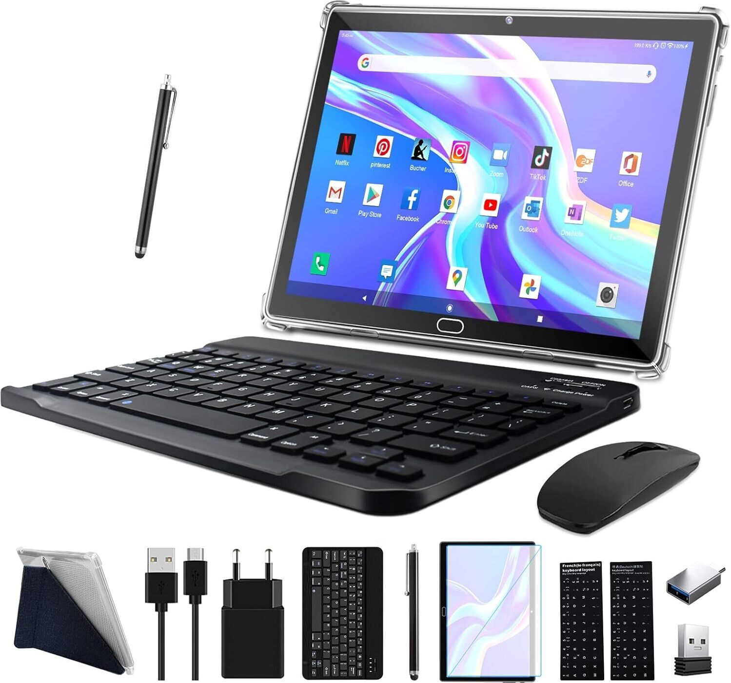Tablet 10 palcov s klávesnicou Myš Pero, 4G LTE s 2 SIM 1 SD,4GB RAM 64GB ROM SD Max 512GB-Octa-Core| 1080P FHD| 13MP| 6000mAh| Bluetooth| WLAN