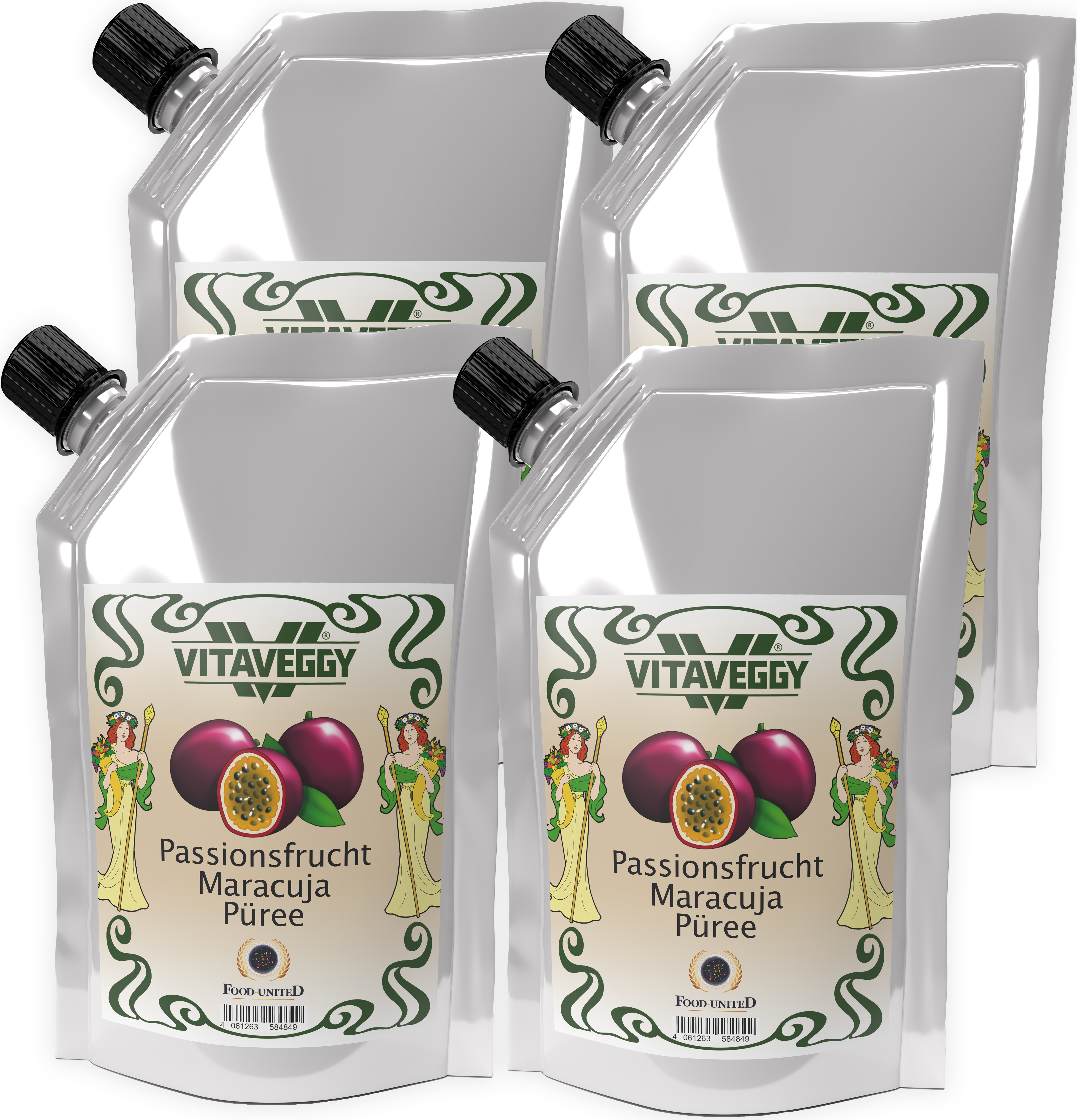 S.Mile GmbH VITAVEGGY PASSIONS-MARACUJA-FRUCHT Früchte-Püree 4x 1kg Grenadille-Granadille-Purpurgranadilla-Granadilla-Püree Food-United geeignet für Babybrei-Obstbrei Maracuja-Passionsfrucht-Saft-Smoothie-Sorbet-Schorle-Cocktail-Quark GVO-Frei Glutenfrei & 100% natü