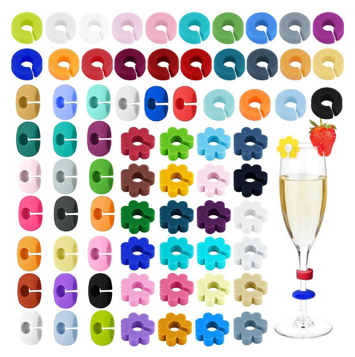 Meoiruery 72 Stück Glasmarker, Glasmarker, Trinkglas, wiederverwendbar, wendbar, Glasmarker, Silikon, bunt, Weinglasmarker für Weinglas, Flasche, Tasse, Trinkglas, Bar, Party-Dekoration KAU-ER-LYS-PH-20251016-289