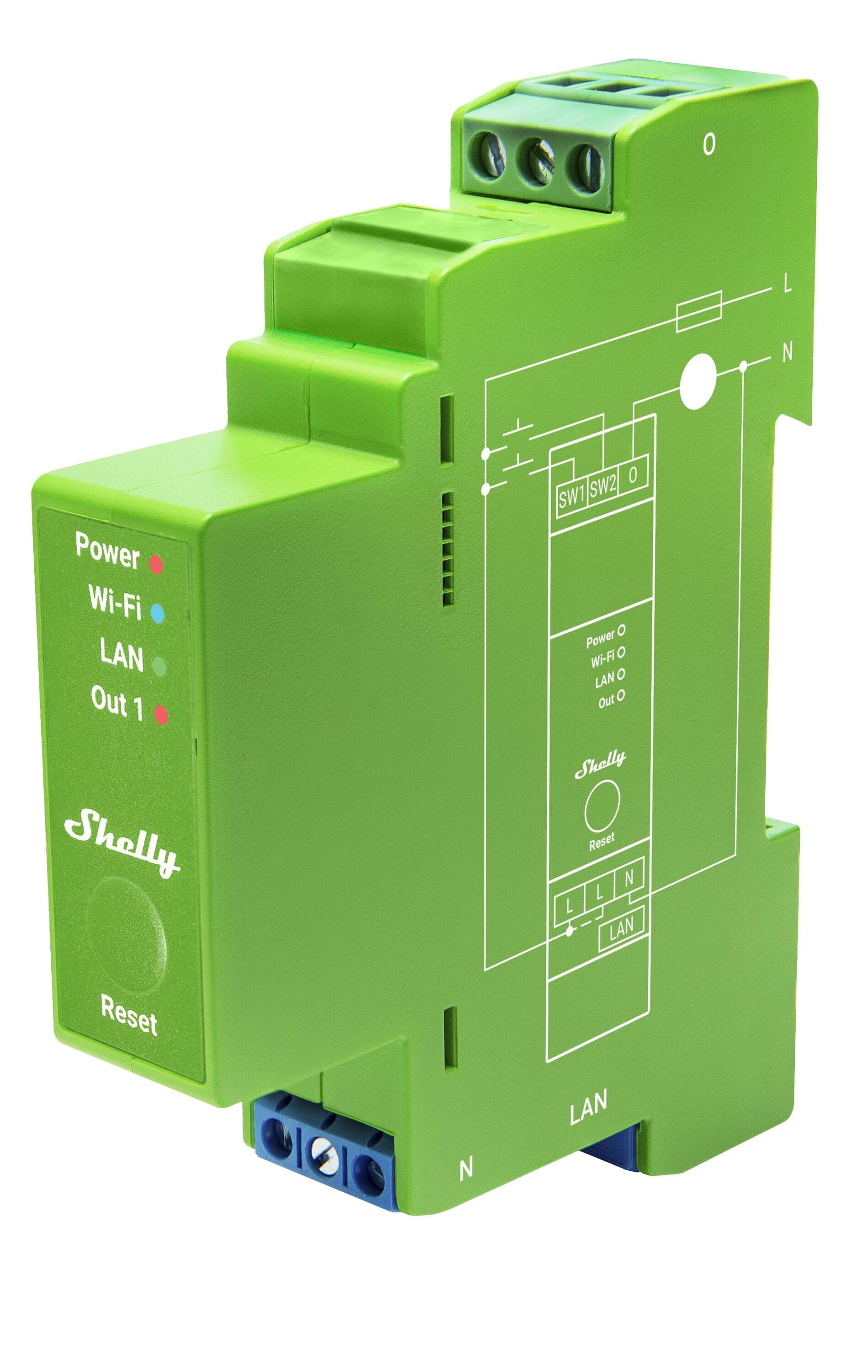 Shelly PRO Stmievač 1PM Stmievač 1PM WiFi + Ethernet Smart 1 Skupinový reléový spínač s držiakom na DIN lištu
