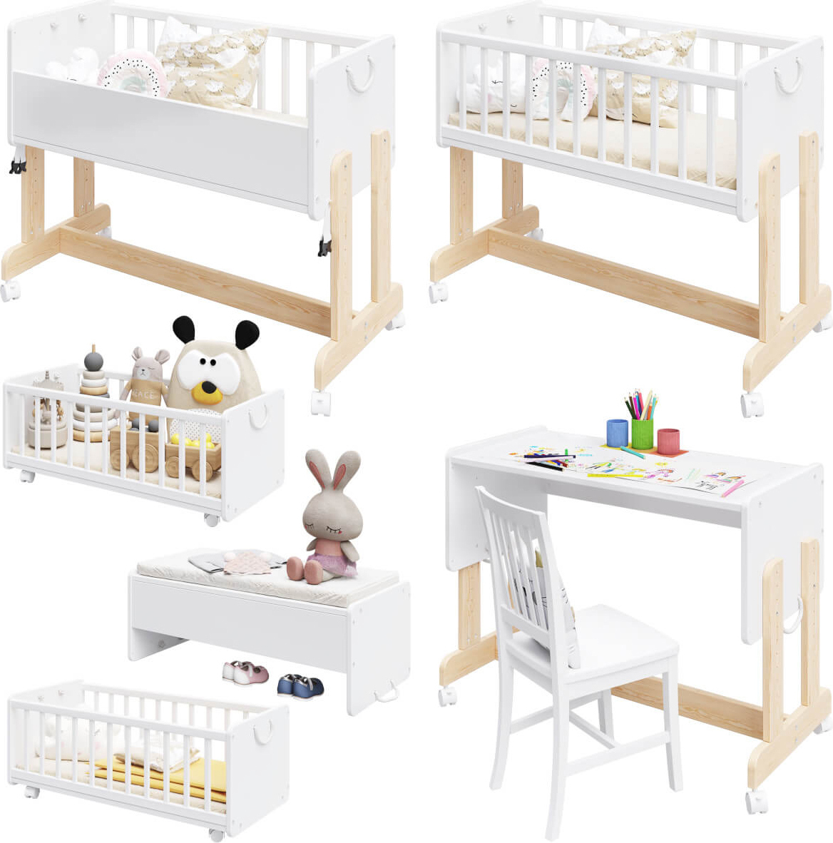 Beistellbett umbaubar für Neugeborene - 40x90 cm mit Matratze und Rollen Weiß