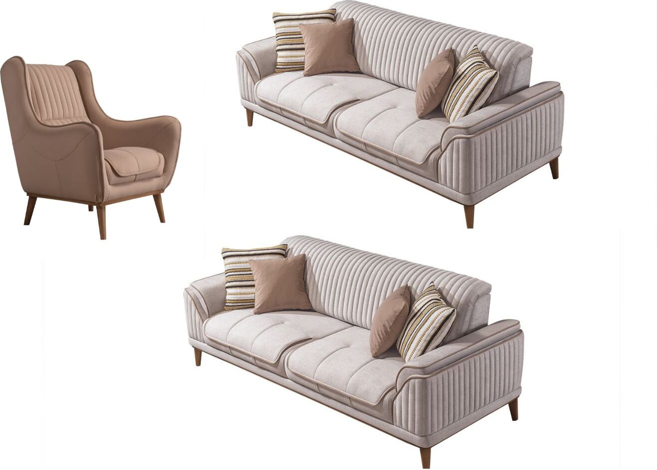 Villa Möbel Sofa Set Cuba Creme Stellvariante:3+2+1 Relax- und Bettfunktion, pflegeleichter Mikrofaser Samtstoff
