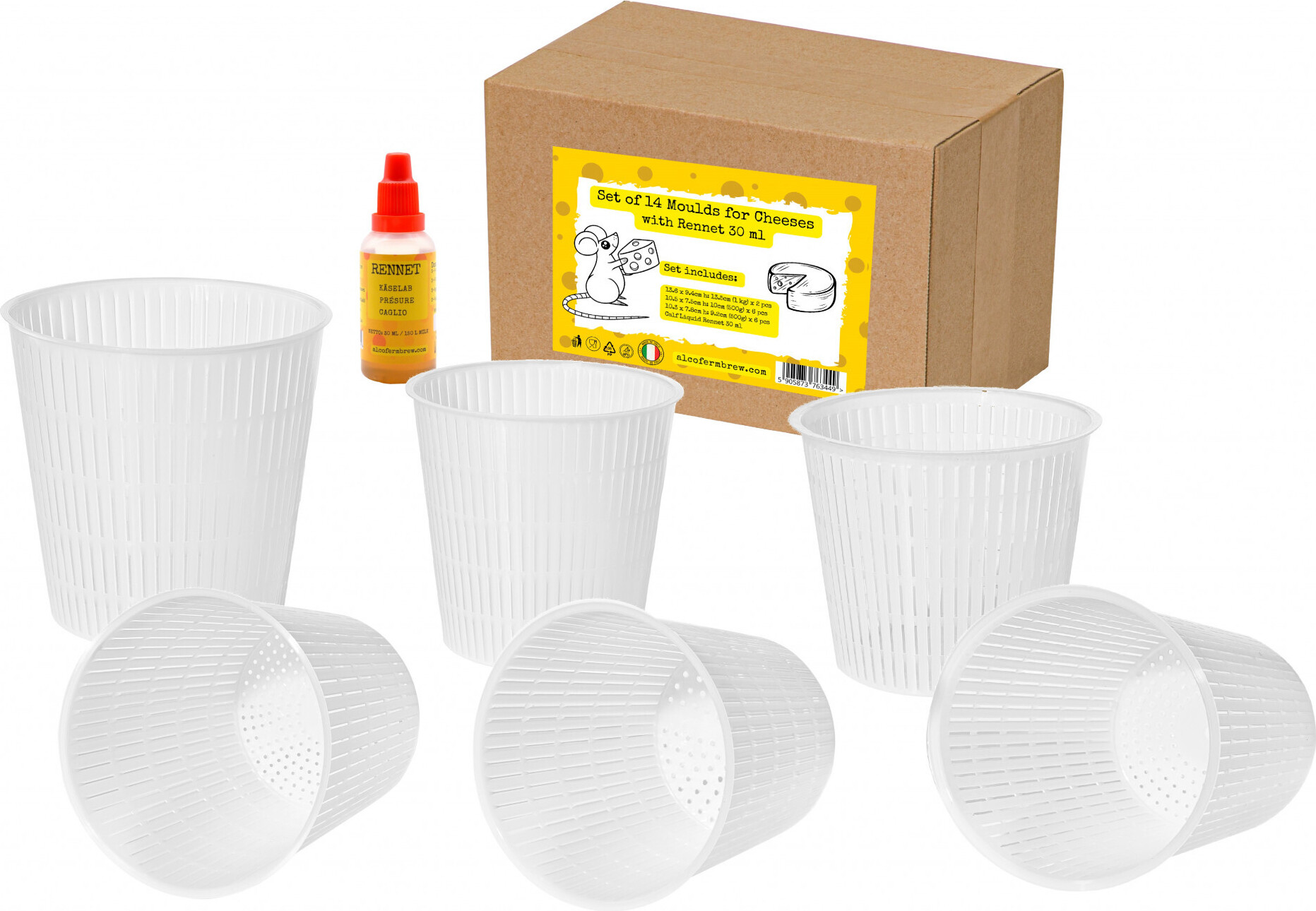 Alcofermbrew Käseformen Set inkl. 14 Stk. + Käselab 30ml Große Käseformen | Käseform aus Kunststoff für Weichkäse | Lab