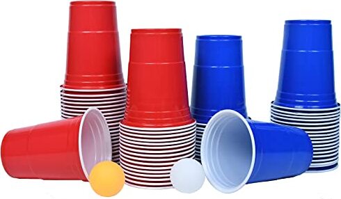 TRMLBE Trinkspiel Bierpong Becher Trinkspiele Beerpongbecher mit 100 Red Cups + 100 Blue Cups Partybecher Wiederverwendbare Bier Pong Set PP Bierpongbecher mit 20 Tischtennisbälle