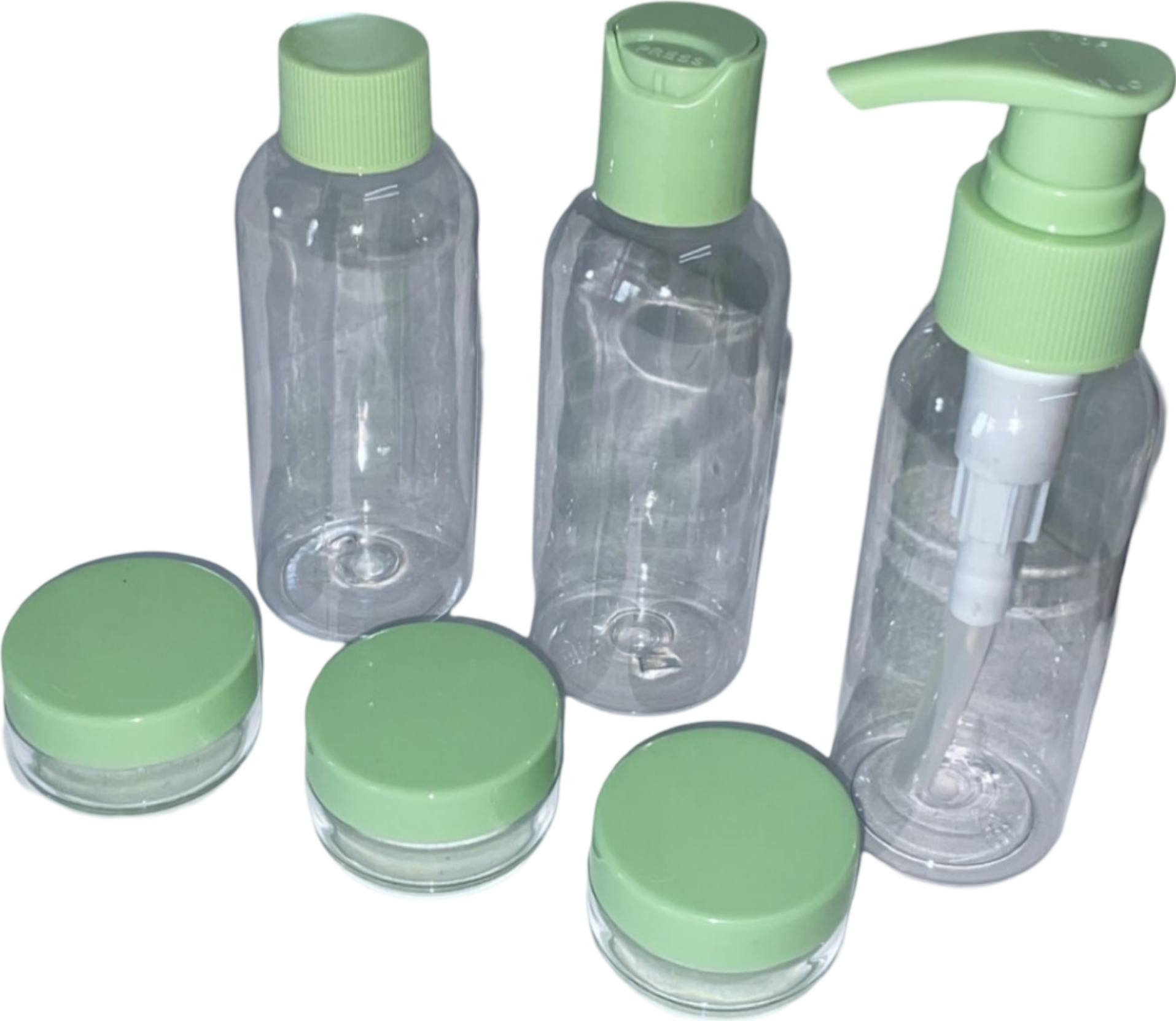 Spilbergen Kosmetik Reiseflaschen Set 7 tlg. Handgepäck für Flüssigkeiten Flugzeug grün