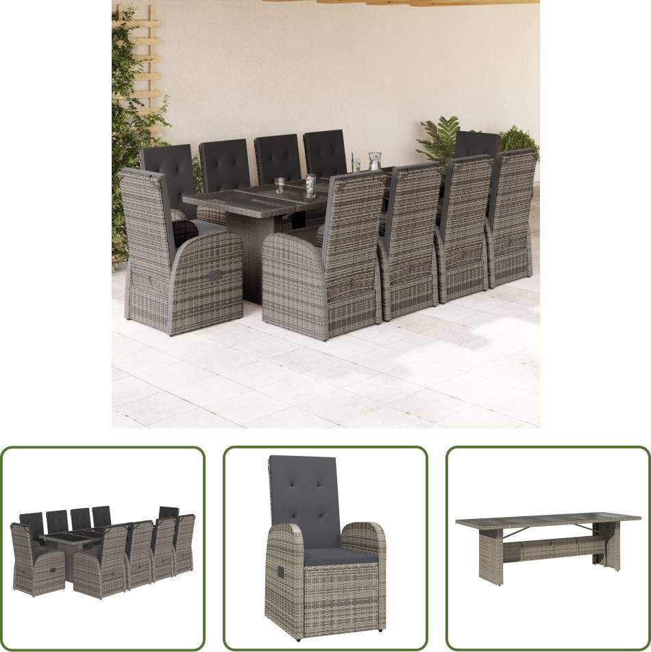 The Living Store 11-dielny záhradný jedálenský set s vankúšmi sivý polyratan