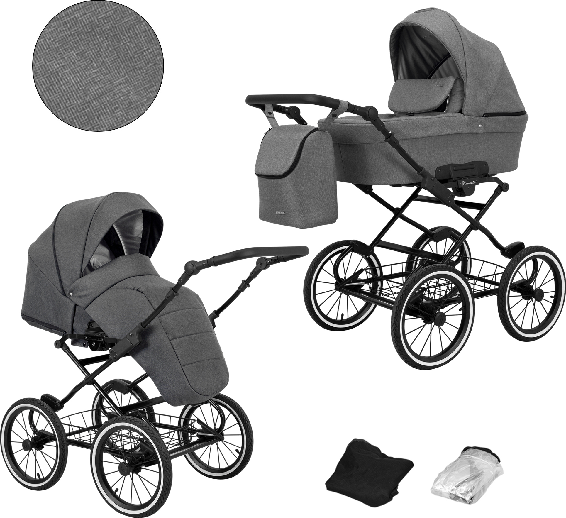 Kinderwagen ROMANTIC Sportwagen Babywagen Babyschale Komplettset Kinder Wagen Set 2 in 1 (grau, Rahmenfarbe: schwarz)