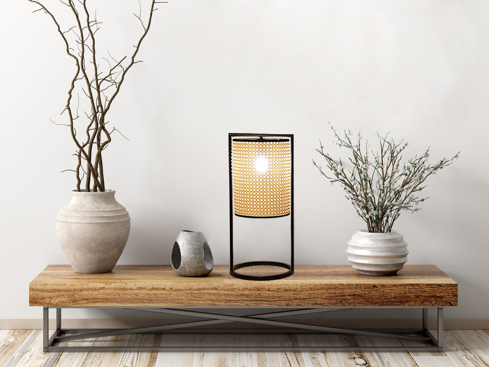 Meine Wunschleuchte Große Vintage LED Tischlampe Metall Schwarz mit Lampenschirm Beige Rattan Optik 503LM45