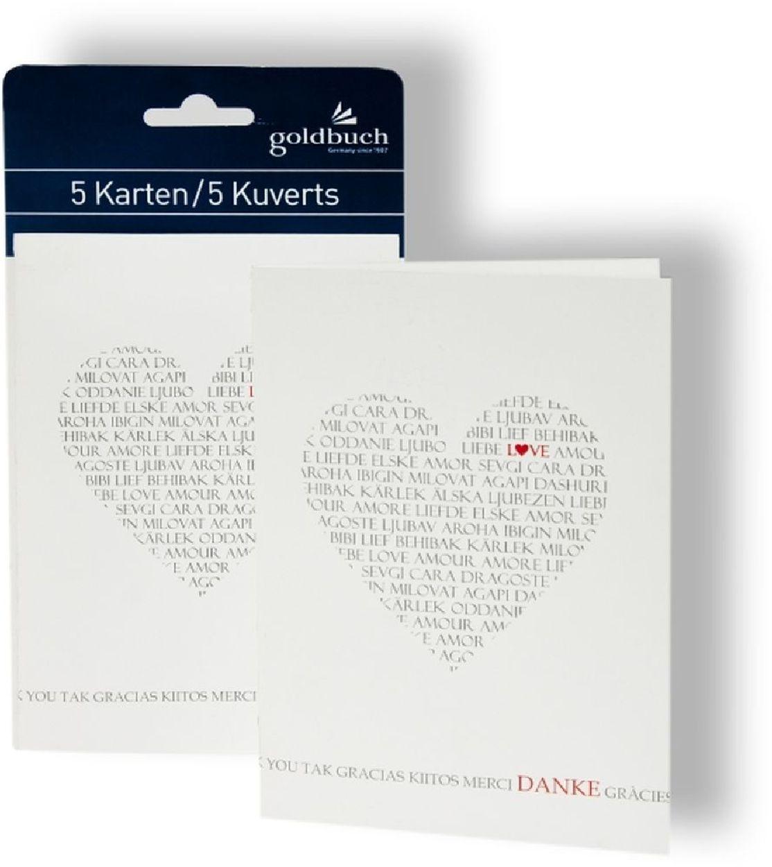 Goldbuch Dankeskarte „Love“, 5er-Pack, C6, weiß, mit Herzprägung 10 280