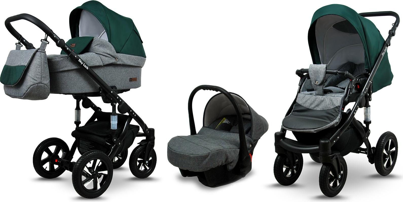 BabyLux Sky Lark | 3in1 Kinderwagen Set | Grey Flex Green | Kombikinderwagen | Kinderwagenset |