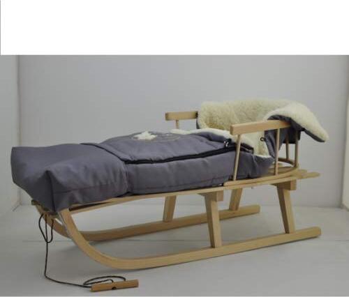 Goldkids Holzschlitten Kinderschlitten aus Buchenholz Rückenlehne Zugseil + Winterfußsack Schlittensack Fußsack Grau Schlitten Kinderwagen