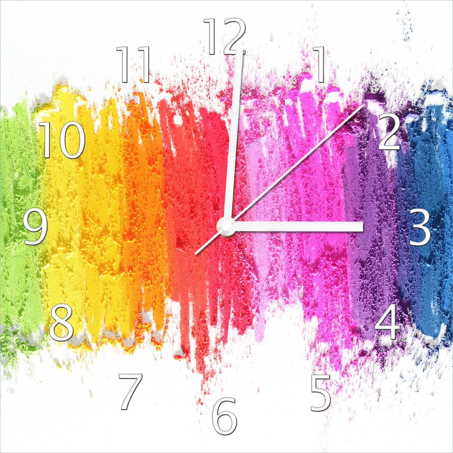 Wallario Design Wanduhr Regenbogenstreifen auf weißem Hintergrund - Bunter Anstrich aus Echtglas, Größe 30 x 30 cm guk0107-3030
