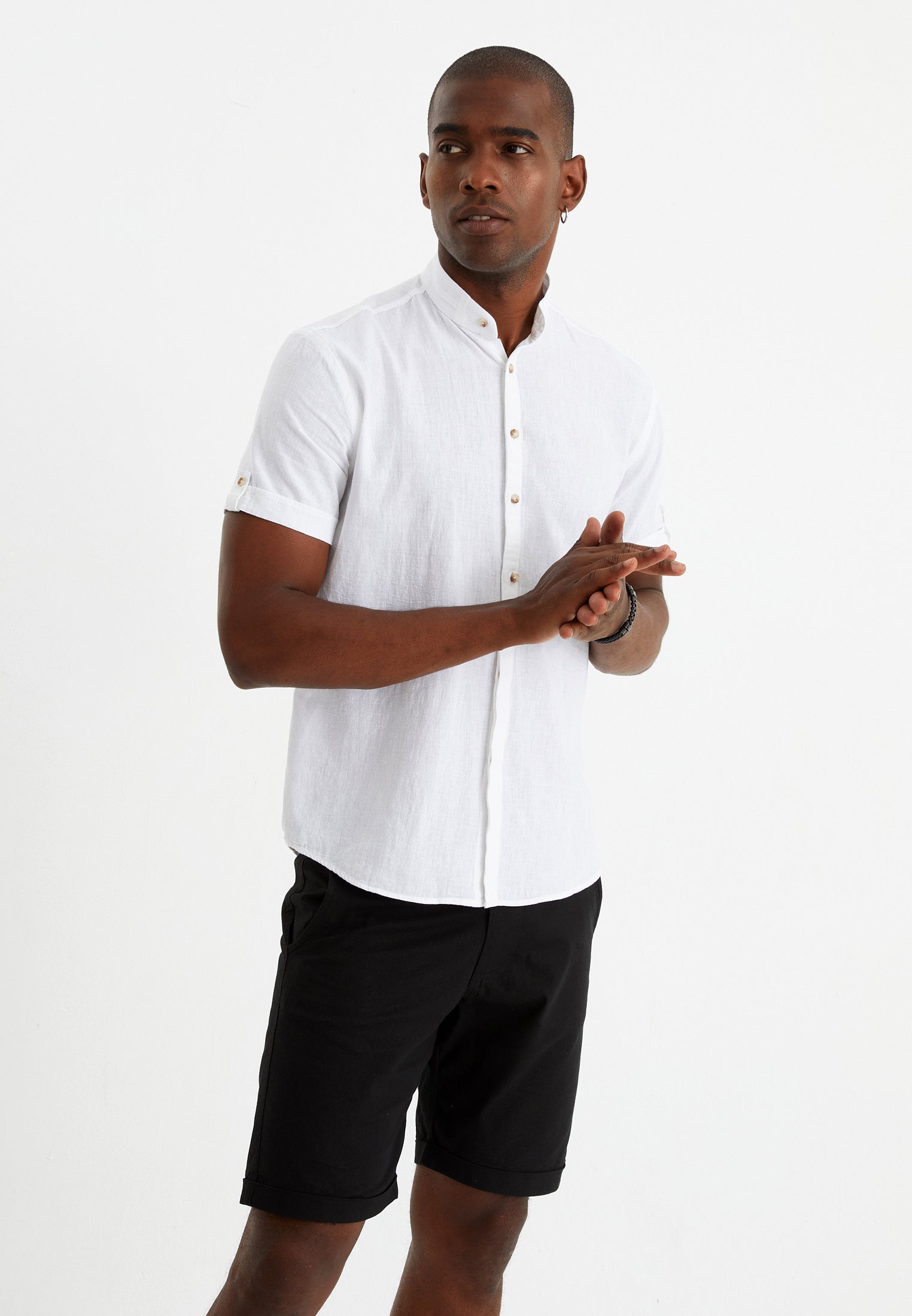 Leif Nelson Herren Leinenhemd – Slim Fit, Stehkragen, Lang-/kurzarm Durch Knöpfe, 30 % Leinen & 70 % Baumwolle