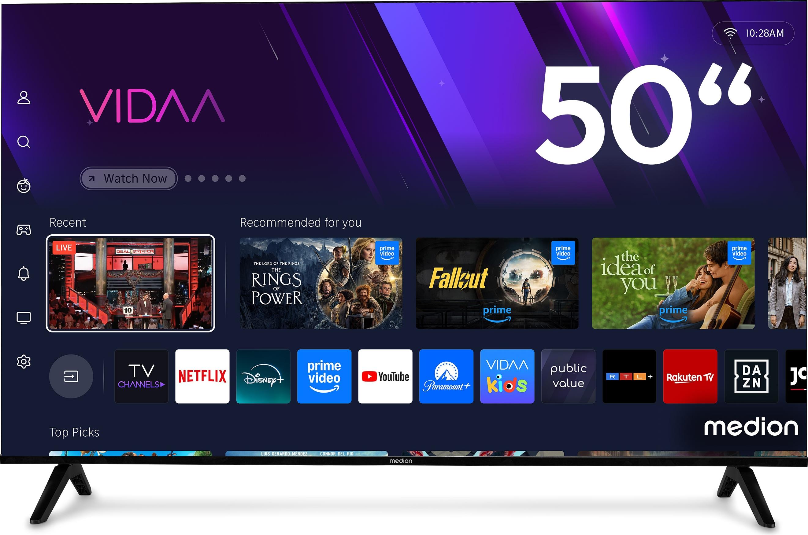 MEDION® MEDION 125,7 cm (50 Zoll) QLED Fernseher (Smart-TV, Dolby Vision HDR, Prime Video, Disney+, DAZN, Paramount+, Dolby Atmos, VIDAA Store, HbbTV, PVR, Bluetooth, MD 850601) MD850601