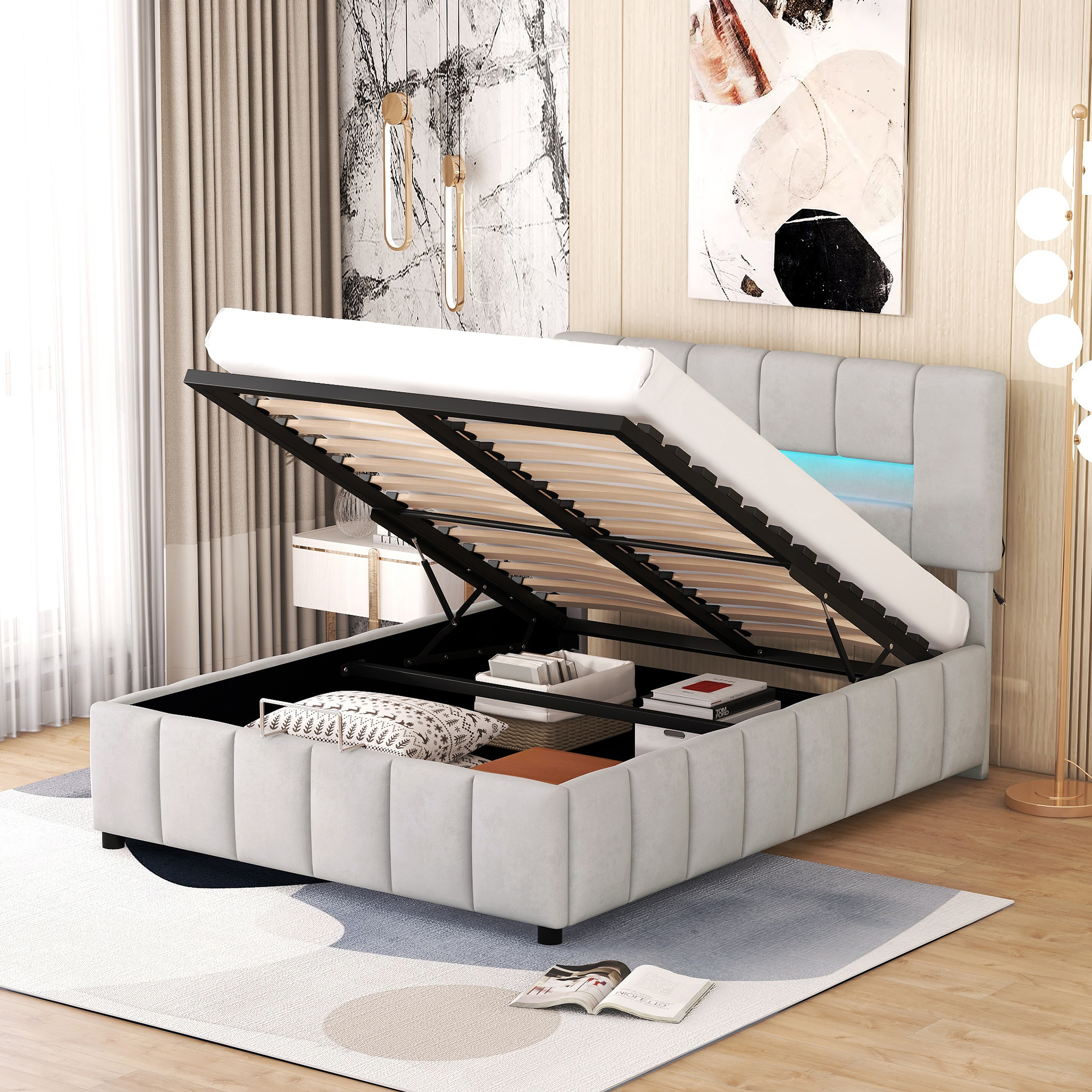 Merax Čalúnená posteľ 140x200 cm s LED osvetlením a úložným priestorom, hydraulická posteľ Boxspring, posteľ s rámom platformy Manželská posteľ s lamelovým rámom a zamatovým poťahom v sivej farbe