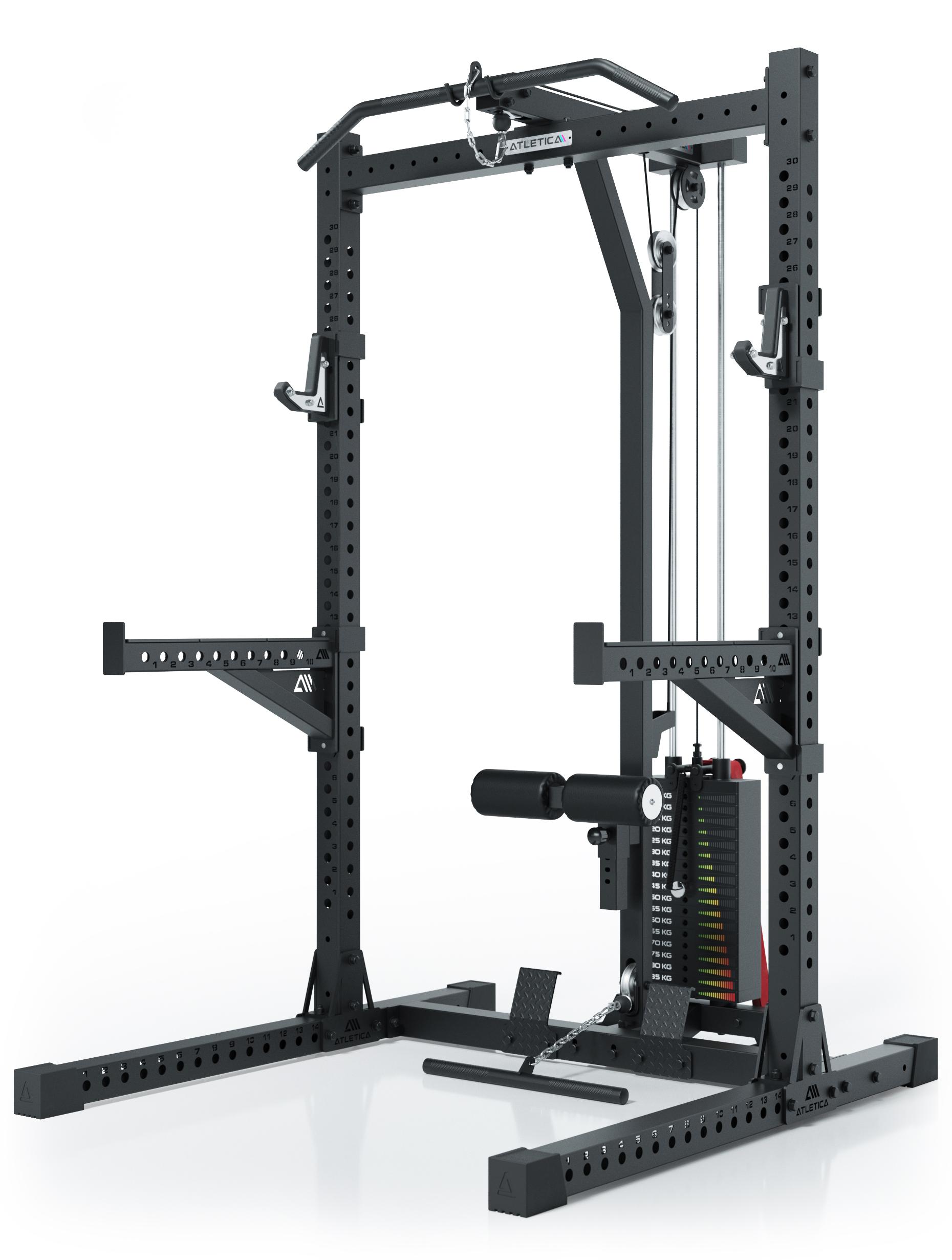 ATLETICA R7 Rider | Steckgewichte Version | 203cm Höhe | Squat Rack mit Latzug mit Steckgewichte kaufen | 95kg Steckgewichte am Latzug 555-2223