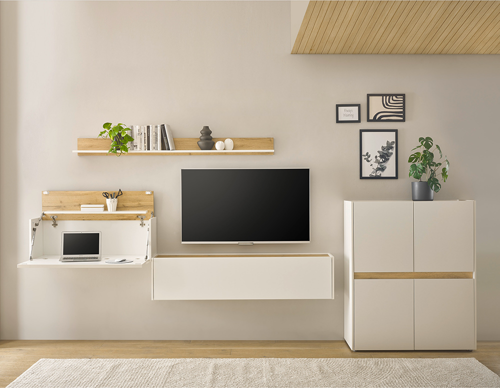 Lomadox Wohnwand weiß mit Eiche CRISP-61 modern 4-teilig mit Homeoffice-Lösung LA61-CRISP-61-HOMEOFFICE-SET12