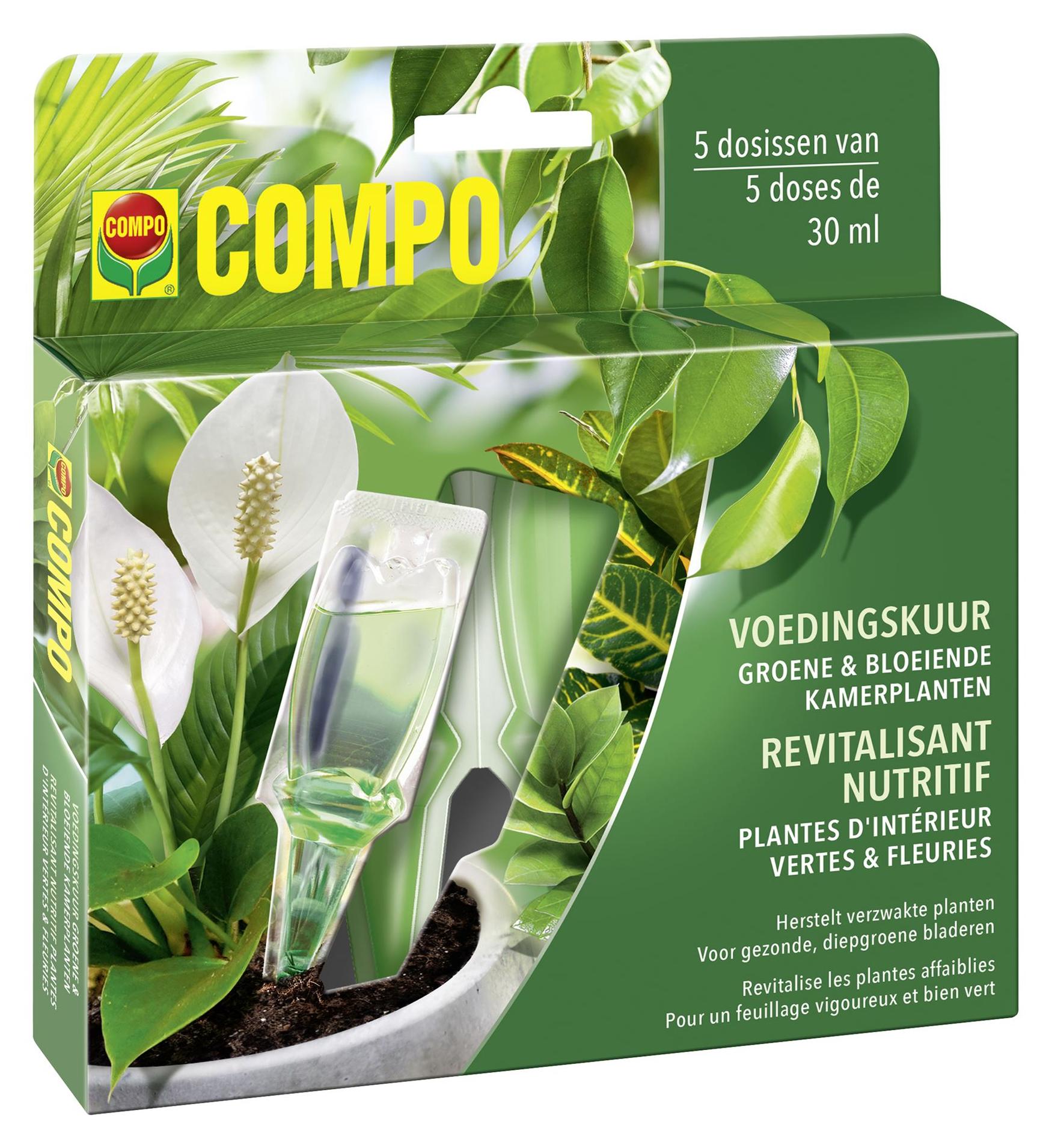 COMPO Kompostdünger für Zimmerpflanzen - Erholungskur - 150ml (5x30ml) - Geeignet für grüne & blühende Zimmerpflanzen - Stellt geschwächte Pflanzen schnell wieder her - Gebrauchsfertig