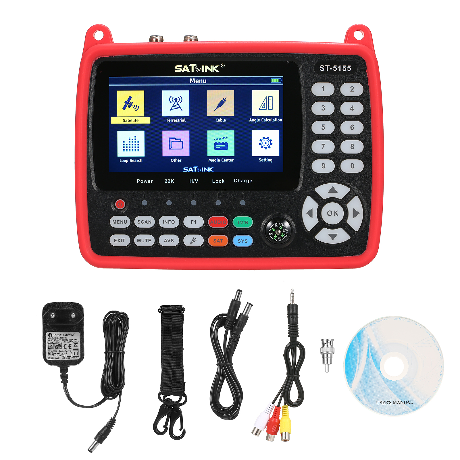 Digitálny merač satelitného signálu DVB-S/S2/T/T2/C Kombinovaný merač Prenosný merač satelitného TV signálu 2600 mAh Nabíjateľný digitálny ručný merač signálu Satelitný vyhľadávač H.264/H.265 HEVC MPEG-2/4 4,3-palcový TFT LCD displej