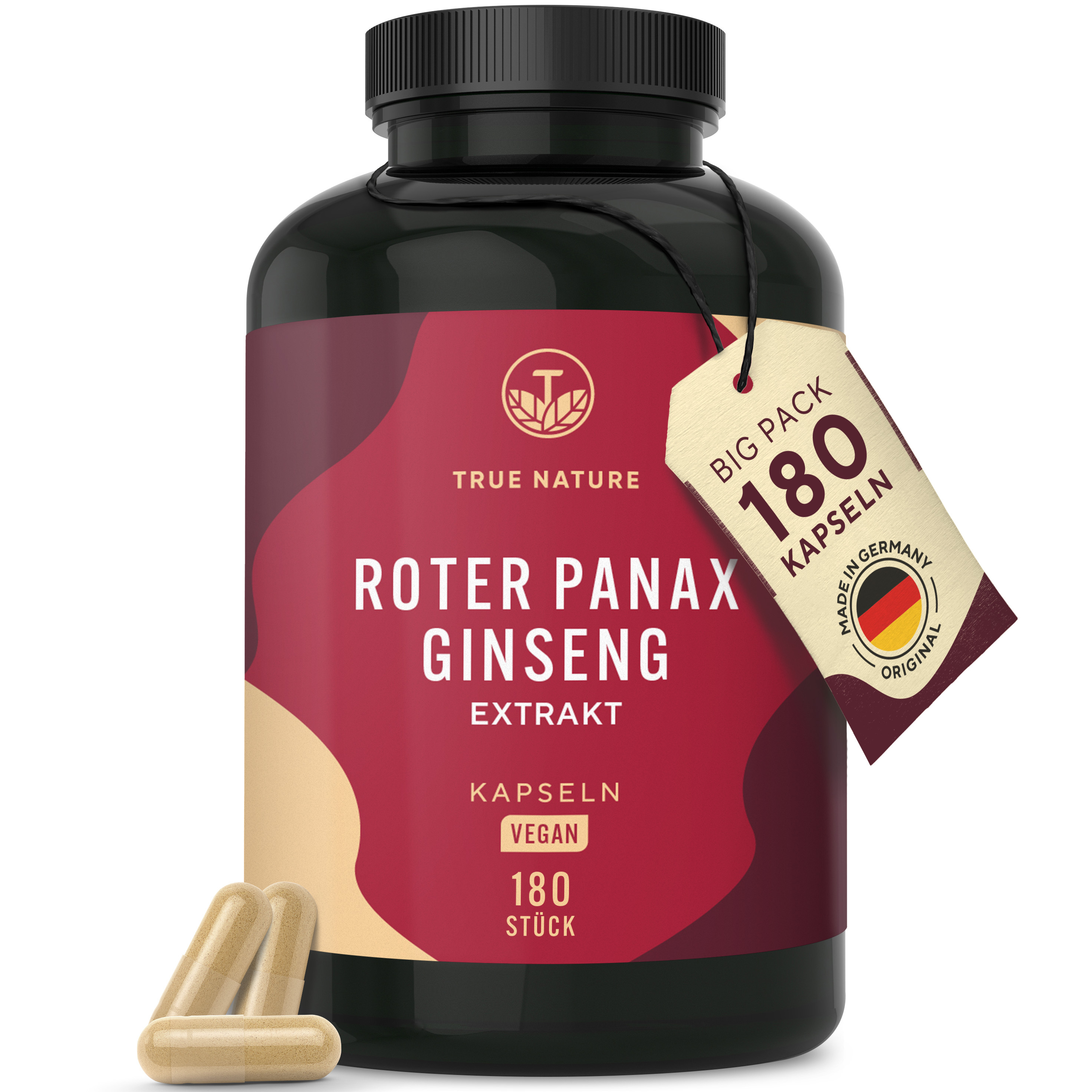 Roter Panax Ginseng, 180 Kapseln (60 Tage Vorrat), 20% Ginsenoside, TRUE NATURE®