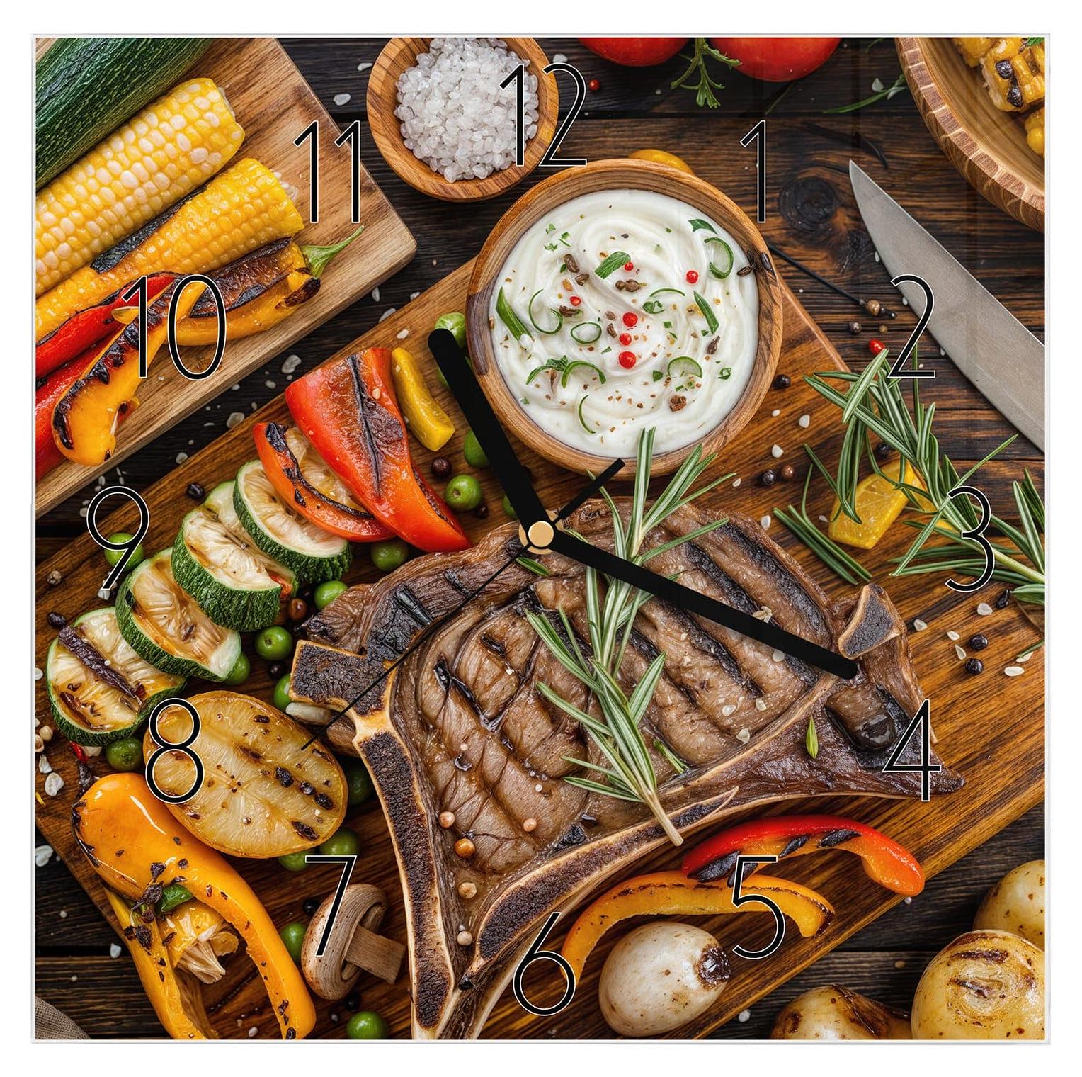 Primedeco Wanduhr aus Glas mit Motiv Grillmahlzeit- 30 x 30 cm - inkl. Aufhängesystem