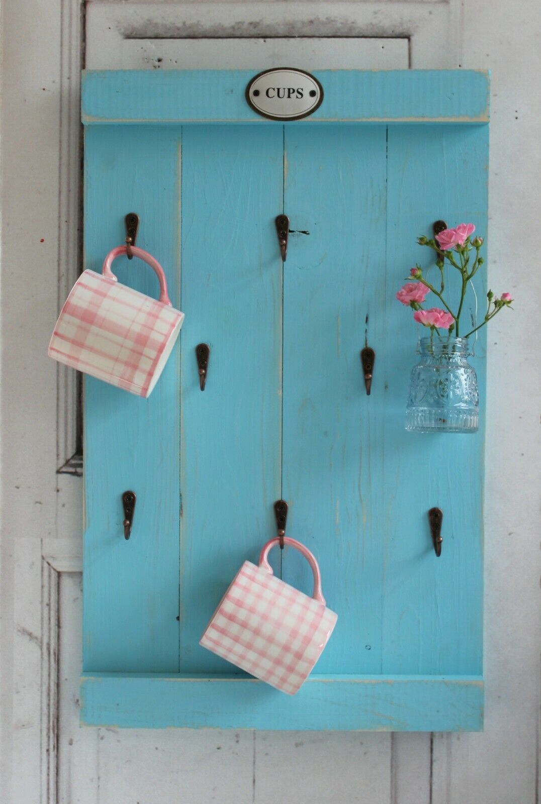 Windschief Living Landhaus Tassenregal Cups CARO Tassenhalter Handgefertigt Shabby Chic hellblau