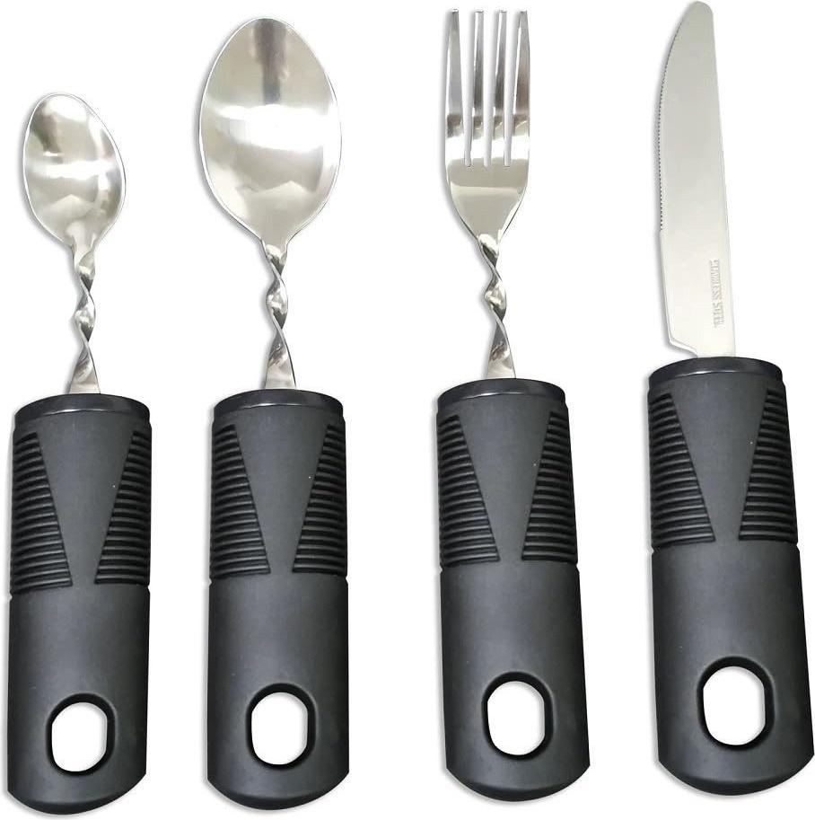 Dopwii Besteck-Set, 4 teiliges Parkinson Besteck mit dickem Griff,Schwarz1 Personen, Biegbar Hilfsmittel Besteck für Senioren,Arthritis Patienten KAUF-TRAD-KF1542-002
