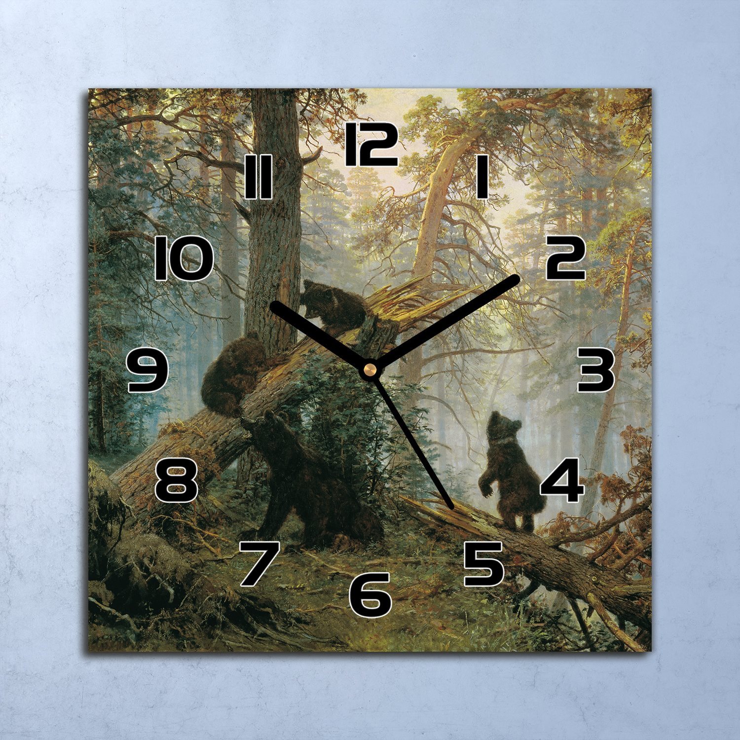 coloray Wanduhr Echt-Glas-Küchenuhr Bären in Kiefernwald Quarz 30x30 Deko Bilder zsk-black-30x30-aurora-36