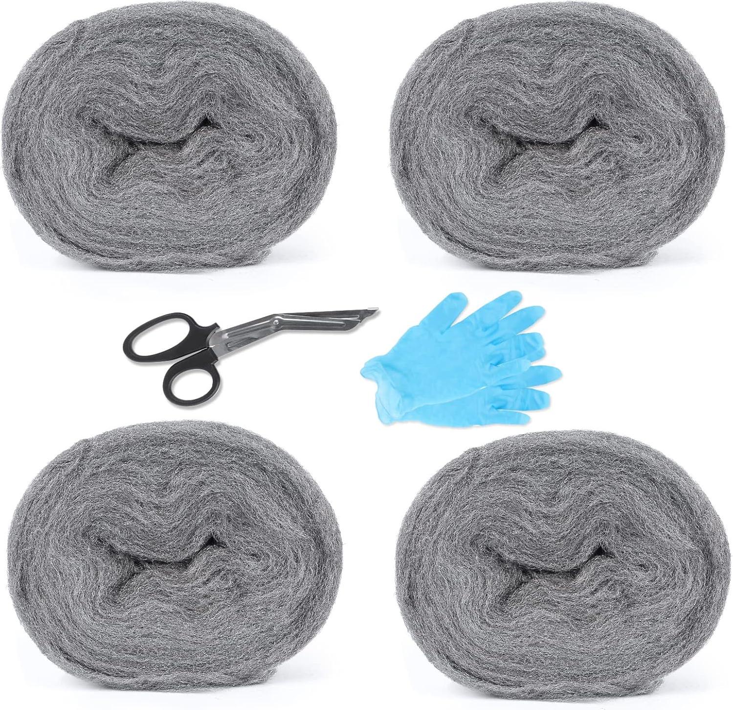 Markenlos Stahlwolle 000 - 4x (46 m/jede) - Feine Lalago Stahlwolle - Mäuseschutz - Eisenstroh - 000 Glaswolle - Gratis Handschuhe und Schere