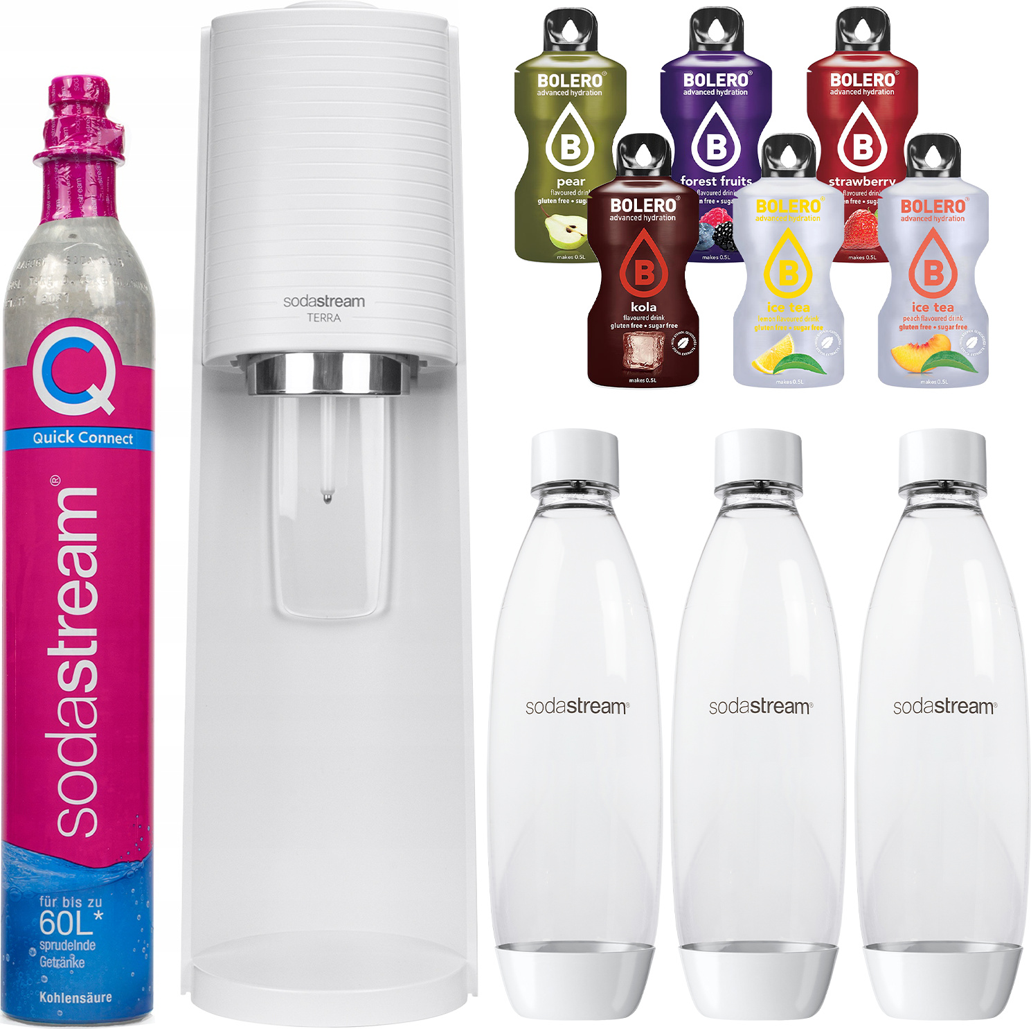 Výrobník perlivej vody SodaStream Terra White + 3 fľaše, biela, 1 l + Bolero