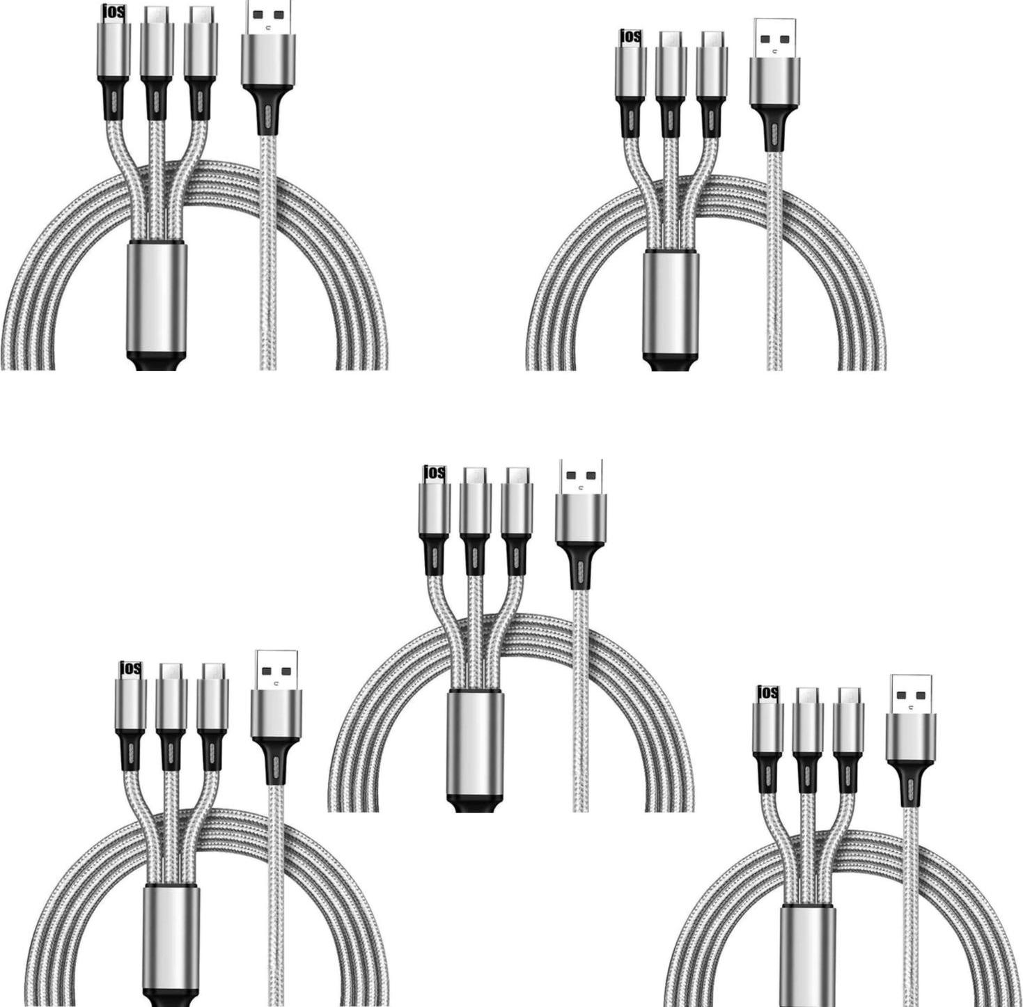 Nabíjací kábel 3 v 1 – odolný multifunkčný kábel s konektormi USB-C, Micro a pre iPhone – strieborný / balenie po 5 kusoch