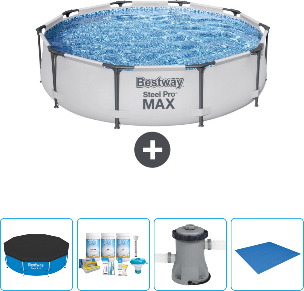 Okrúhly bazén Bestway Steel Pro MAX - 305 x 76 cm - sivý - vrátane krytu - balík na údržbu - čerpadlo - krycia plachta