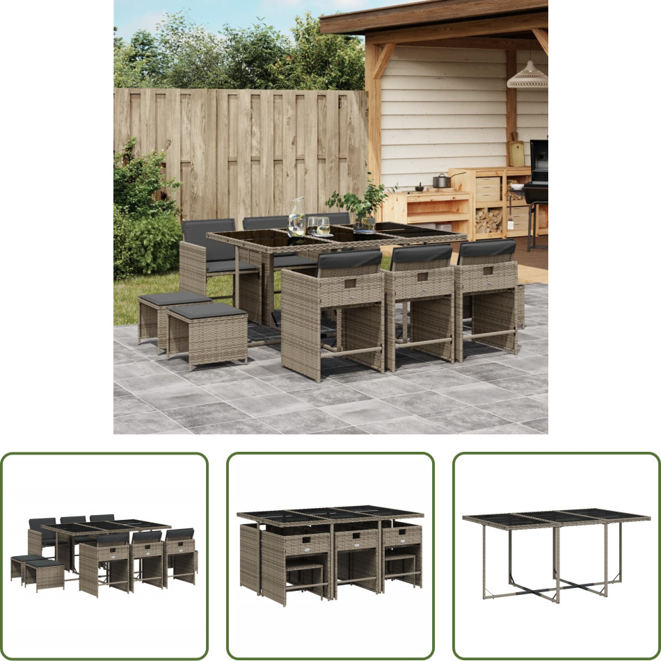 The Living Store 11-dielny záhradný jedálenský set s vankúšmi sivý polyratan
