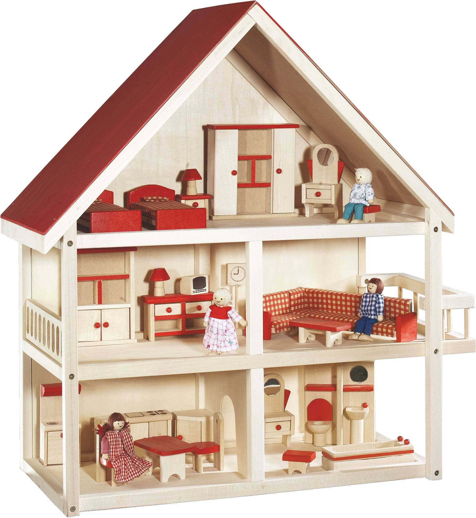 roba Puppenhaus, Puppenvilla inkl. Möbel und Puppen, Mädchen Spielzeug, Holz natur 9457