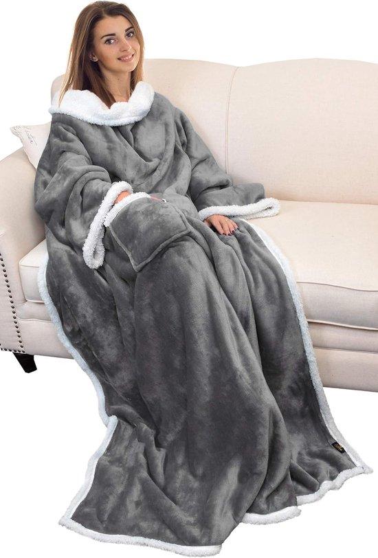 Famanu Stylvolle Platinadecke mit Ärmeln – warme Fleece-Decke – 1 Stück – Grau – 185 x 140 cm