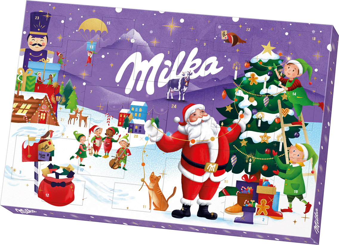 Milka Adventný kalendár Alpská mliečna čokoláda s mliečnou smotanovou náplňou 200g