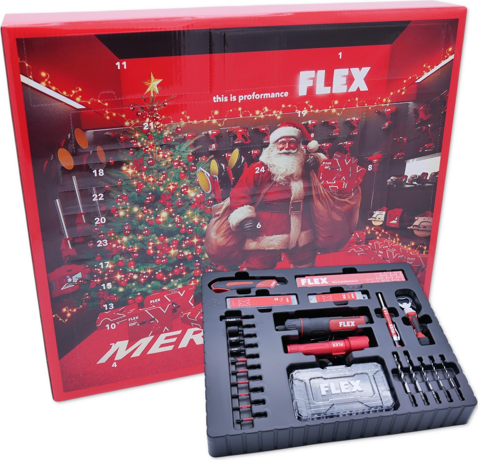 Adventný kalendár Flex 2025 s akumulátorovým skrutkovačom SD 7 + box s bitmi + baterka