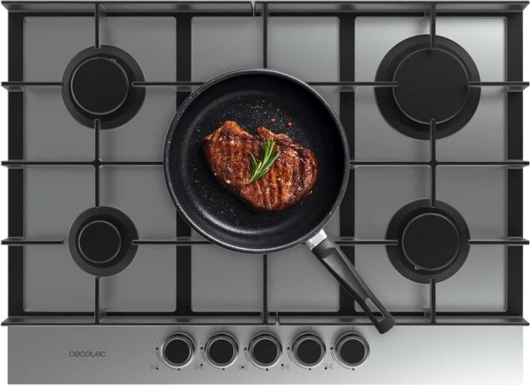 Plynová varná doska Cecotec 5 horákov Bolero Squad G 5400F Inox, 10,4 kW, nerezová oceľ, liatinové rošty, horák WOK