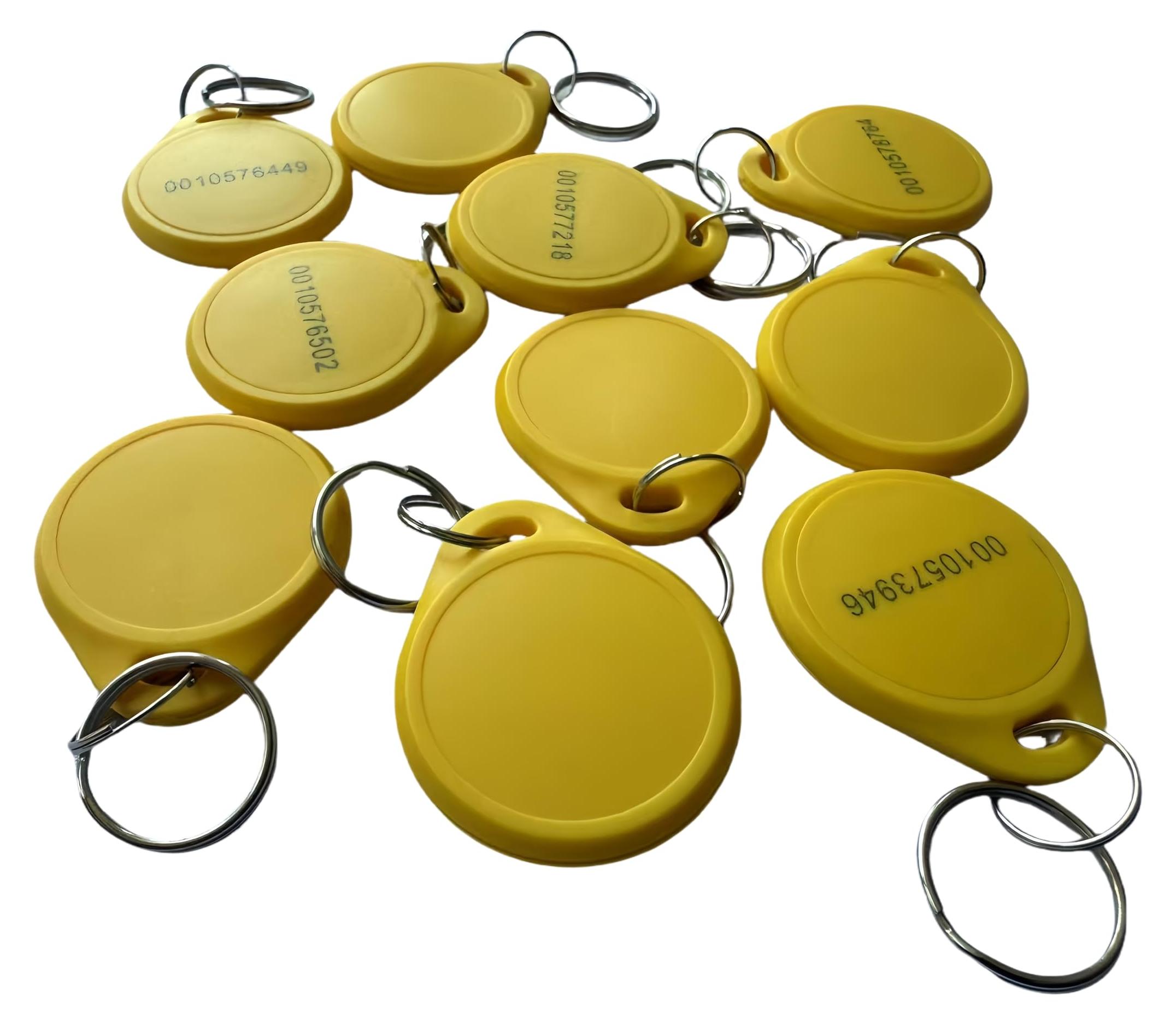 Markenlos RFID-Schlüsselanhänger mit Dualfrequenz, 125 kHz EM4100 und 13,56 MHz, RFID-1K-Chip, 10 Stück, gelb, Dualfrequenz