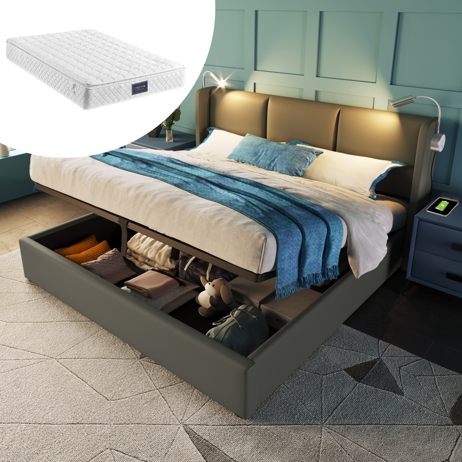 Fortuna Lai čalúnená posteľ 160x200 cm, hydraulická manželská posteľ s lampičkou na čítanie a funkciou nabíjania USB čelo postele, úložný priestor Rám postele s lamelovým roštom, povrch PU, s matracom, sivá