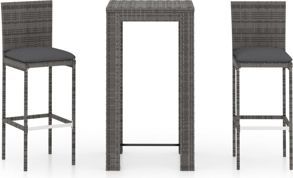 vidaXL 3-dielny záhradný barový set s vankúšmi Poly ratan sivý